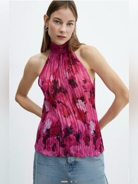 Mango Fuchsia Floral Pleated High-Neck Halter Top